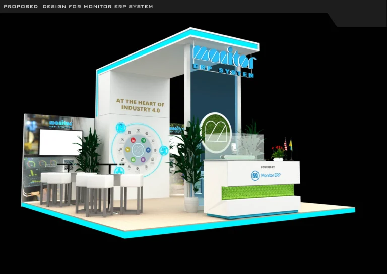 Monitor ERP System exhibition booth design render for AUTOMEX 2023 by 7P Concepts