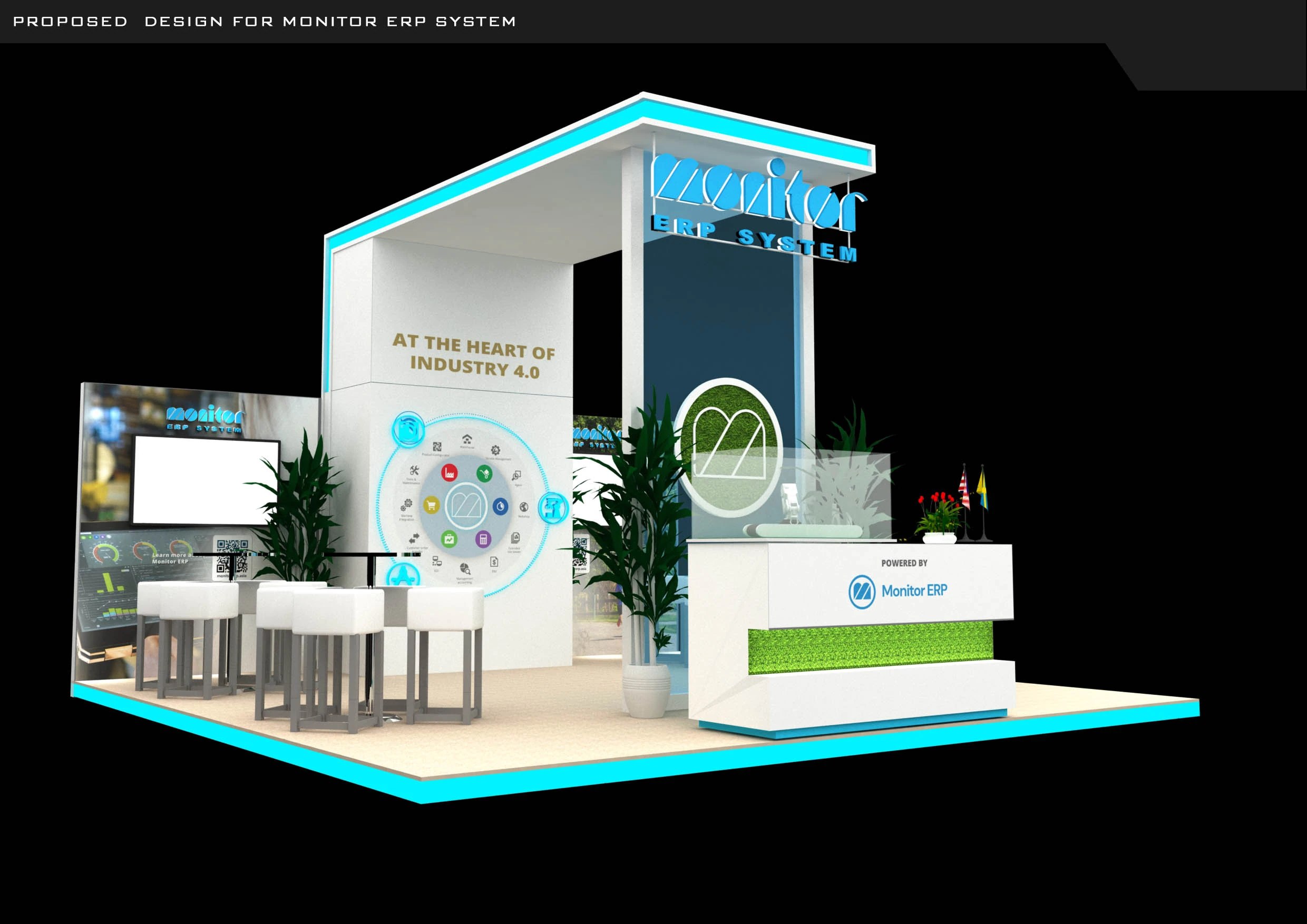 Monitor ERP System exhibition booth design render for AUTOMEX 2023 by 7P Concepts